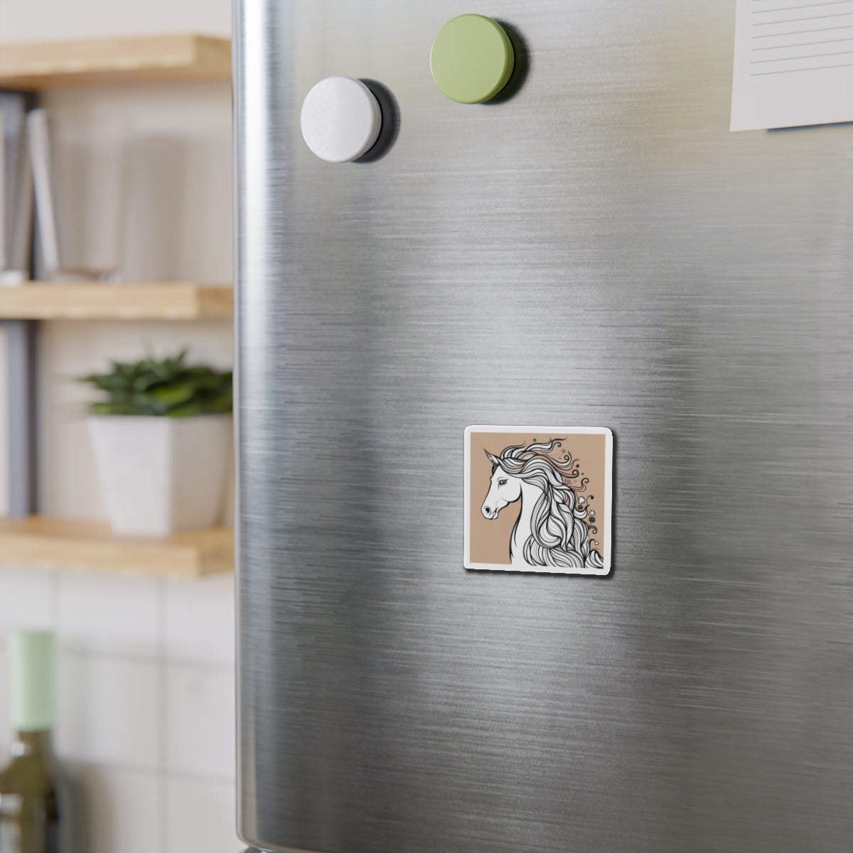 Beautiful horse magnet on silver refrigerator