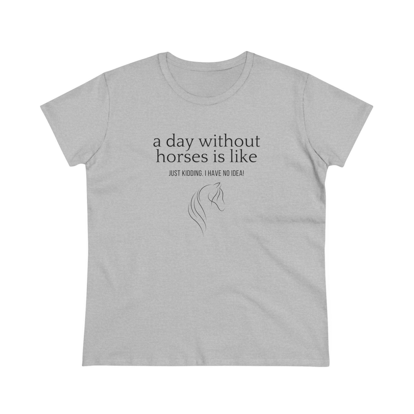 Horse t-shirt emphasizing the cap sleeves and slogan