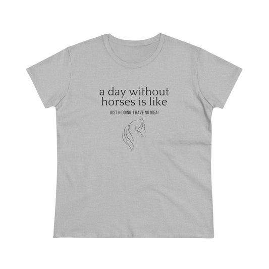 Horse t-shirt emphasizing the cap sleeves and slogan